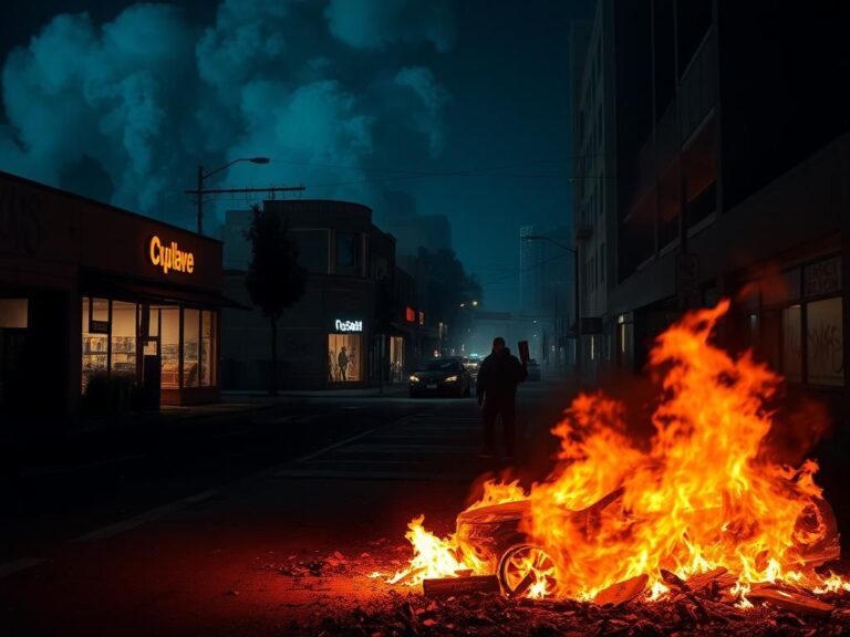 Flick International A burning car on the streets of Los Angeles after a riot, showcasing the destruction and chaos following unrest.