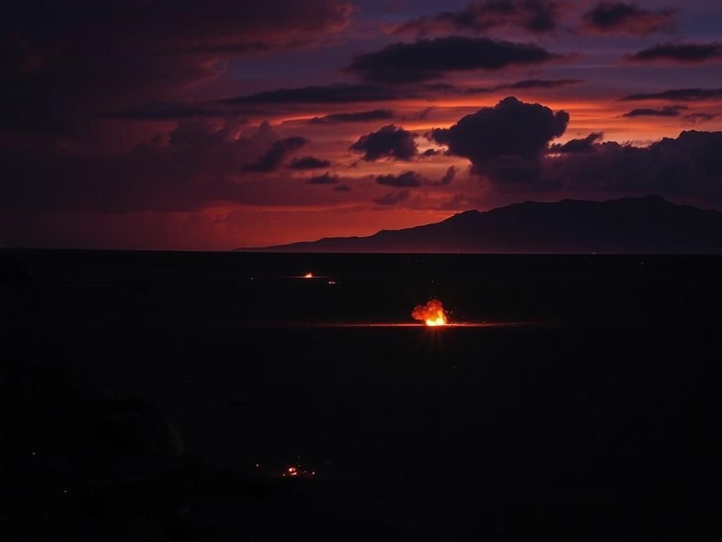 Flick International Dramatic night scene over barren landscape post-airstrikes