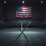 Flick International Dramatic scene of crossed foils in an empty fencing arena symbolizing fencing controversies