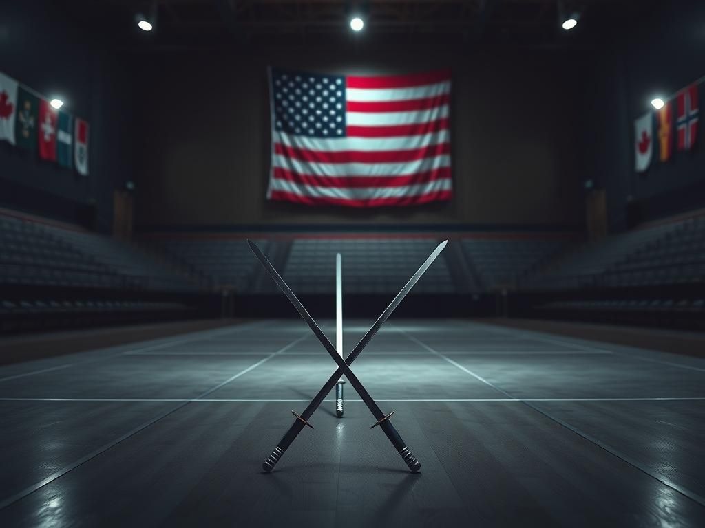 Flick International Dramatic scene of crossed foils in an empty fencing arena symbolizing fencing controversies