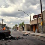 Flick International Desolate urban street in Los Angeles post-riots with broken glass and debris.