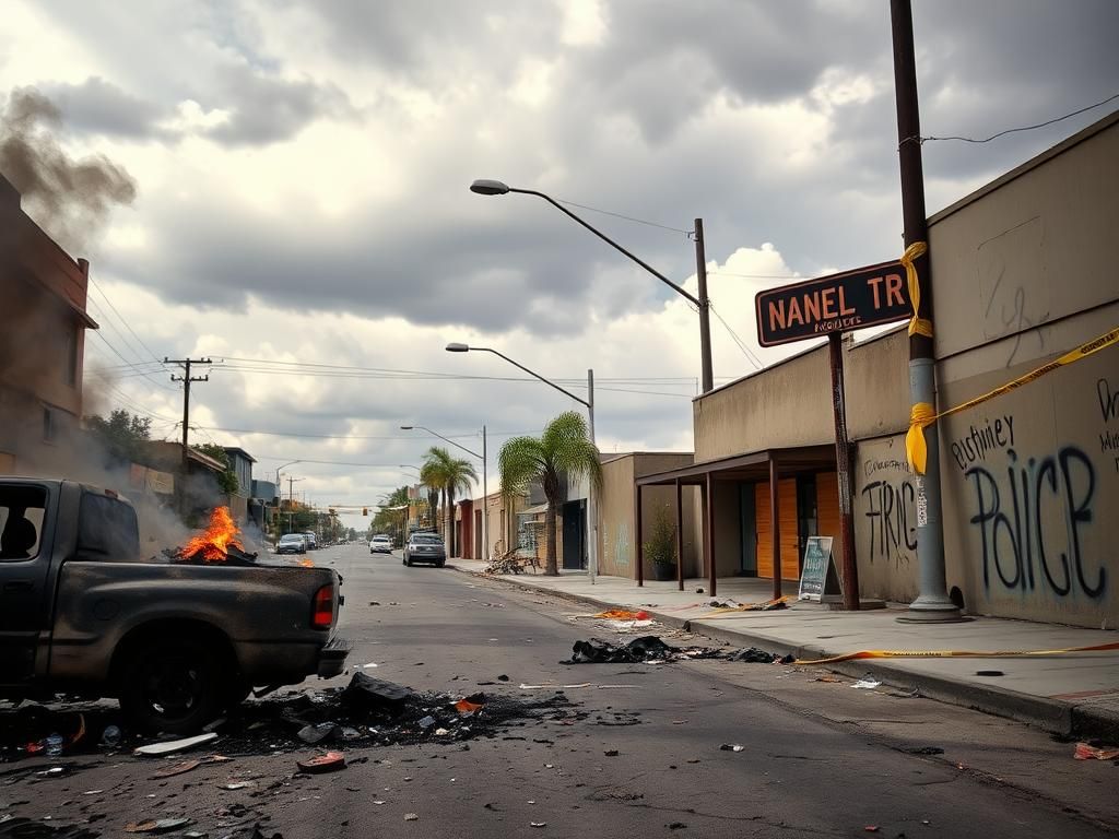 Flick International Desolate urban street in Los Angeles post-riots with broken glass and debris.
