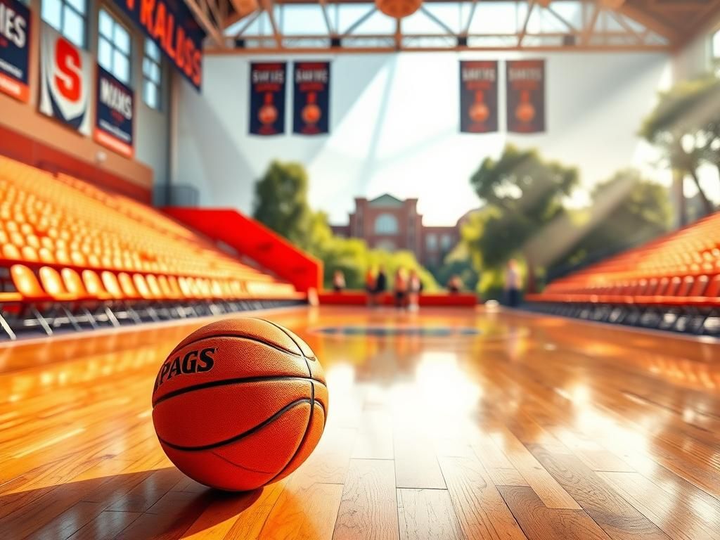 Flick International Vibrant basketball court scene at Syracuse University featuring a well-worn basketball.