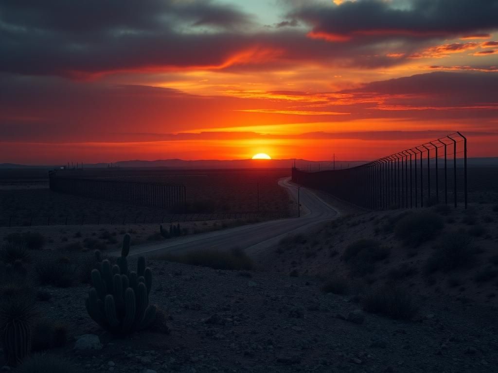 Flick International Desert landscape at the U.S. southern border with barbed wire fencing and dramatic sunset