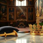 Flick International A beautifully crafted knight's sword on a velvet cushion at St. James’s Palace, symbolizing the honor of David Beckham's knighthood