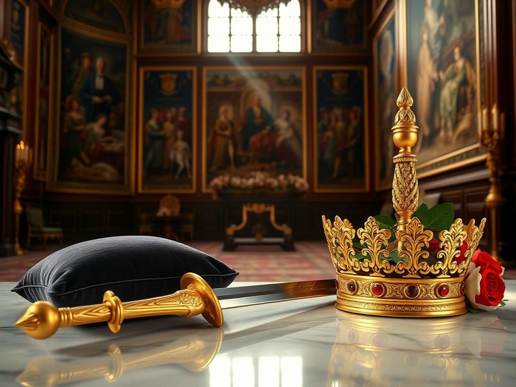 Flick International A beautifully crafted knight's sword on a velvet cushion at St. James’s Palace, symbolizing the honor of David Beckham's knighthood