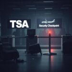 Flick International Dimly lit airport security area at Fort Lauderdale-Hollywood International Airport with a vacant TSA checkpoint and overturned chair