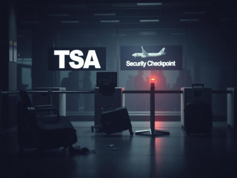 Flick International Dimly lit airport security area at Fort Lauderdale-Hollywood International Airport with a vacant TSA checkpoint and overturned chair