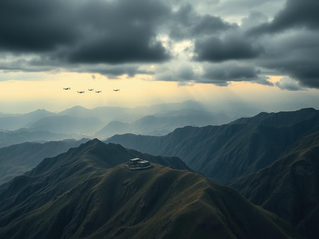 Flick International Aerial view of concealed military installations in Iran under a dark stormy sky