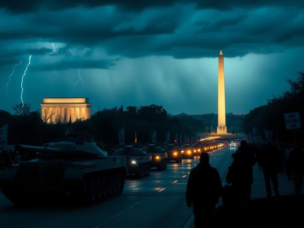 Flick International A nighttime military parade featuring tanks and aircraft flyovers in Washington, D.C. under a stormy sky.