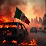 Flick International Chaotic urban scene in Los Angeles featuring a partially burned vehicle and flames against a city backdrop