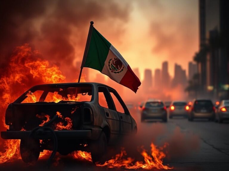Flick International Chaotic urban scene in Los Angeles featuring a partially burned vehicle and flames against a city backdrop
