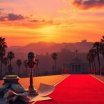 Flick International A vintage microphone on a pedestal with Hollywood palm trees at dusk