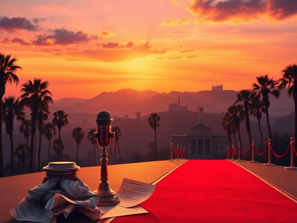 Flick International A vintage microphone on a pedestal with Hollywood palm trees at dusk