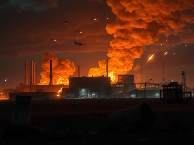 Flick International A dramatic night view of the Isfahan nuclear facility during an airstrike, showcasing explosions and smoke.