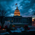 Flick International Dusk view of the Minnesota State Capitol with wilted flowers and candles symbolizing mourning