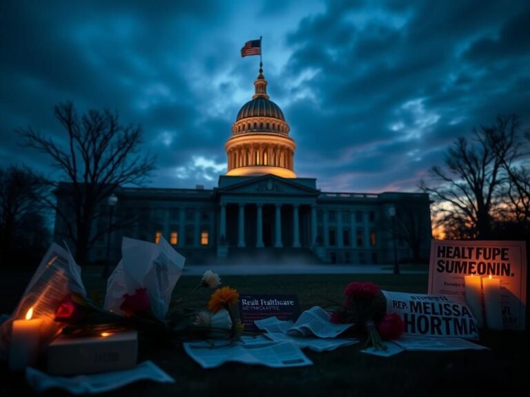 Flick International Dusk view of the Minnesota State Capitol with wilted flowers and candles symbolizing mourning