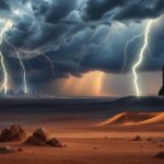 Flick International Dramatic lightning storm illuminating the Middle East, symbolizing tension and conflict.