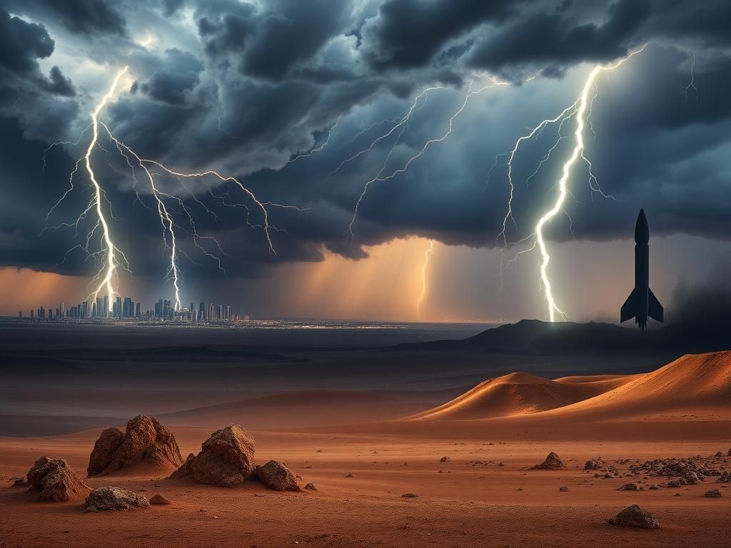 Flick International Dramatic lightning storm illuminating the Middle East, symbolizing tension and conflict.