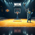 Flick International Vibrant basketball court featuring Indiana Pacers colors with a scoreboard showing a victory over the New York Knicks