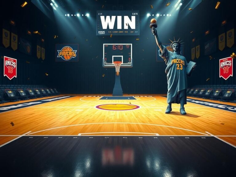 Flick International Vibrant basketball court featuring Indiana Pacers colors with a scoreboard showing a victory over the New York Knicks
