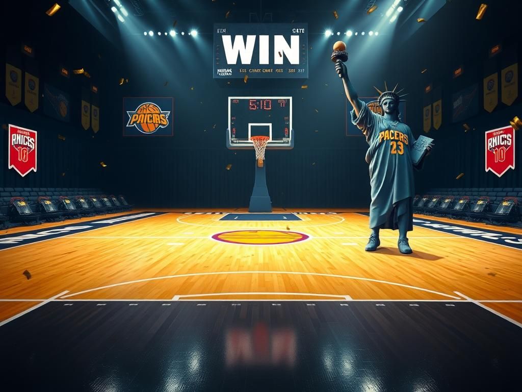 Flick International Vibrant basketball court featuring Indiana Pacers colors with a scoreboard showing a victory over the New York Knicks