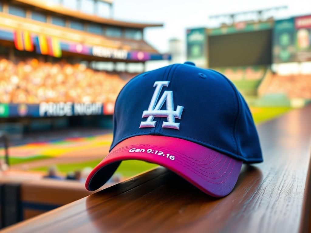 Flick International Close-up of a Dodgers cap with 'Gen 9:12-16' embroidered, symbolizing faith at Pride Night