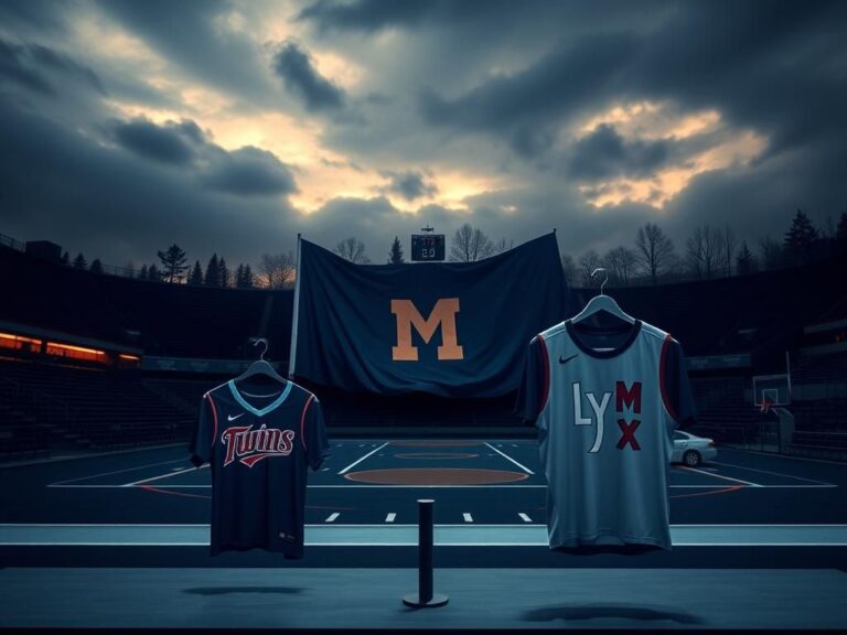 Flick International Empty stadium and court with Minnesota flag and jerseys in tribute
