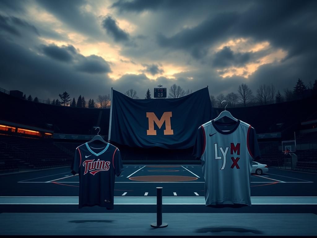Flick International Empty stadium and court with Minnesota flag and jerseys in tribute
