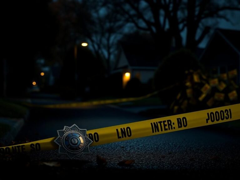 Flick International Dark, moody scene of a suburban street at dawn with police tape and a badge