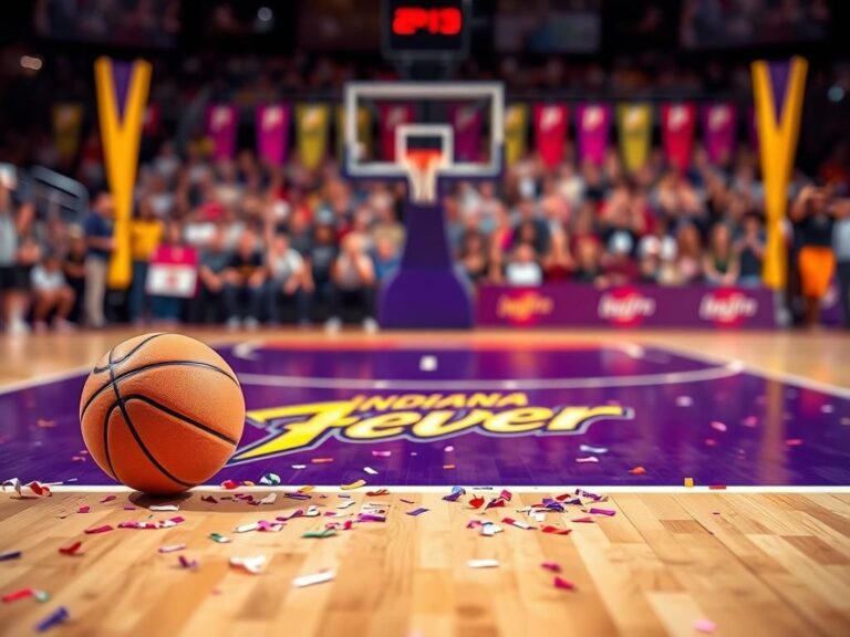 Flick International Vibrant basketball court scene featuring Indiana Fever logo and halfcourt line