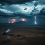 Flick International Aerial view of a barren Iranian landscape with stormy sky and military remnants