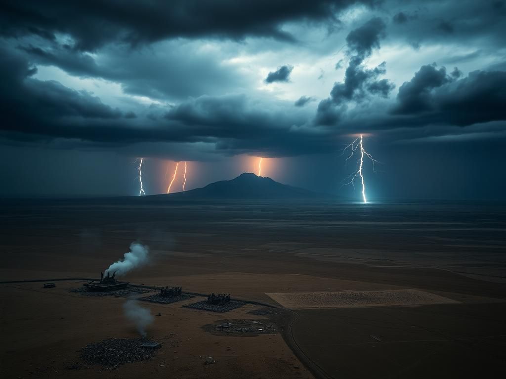 Flick International Aerial view of a barren Iranian landscape with stormy sky and military remnants