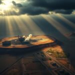 Flick International Aerial view showcasing the stark contrast between an Iranian military site and a secure Israeli area amidst dramatic clouds