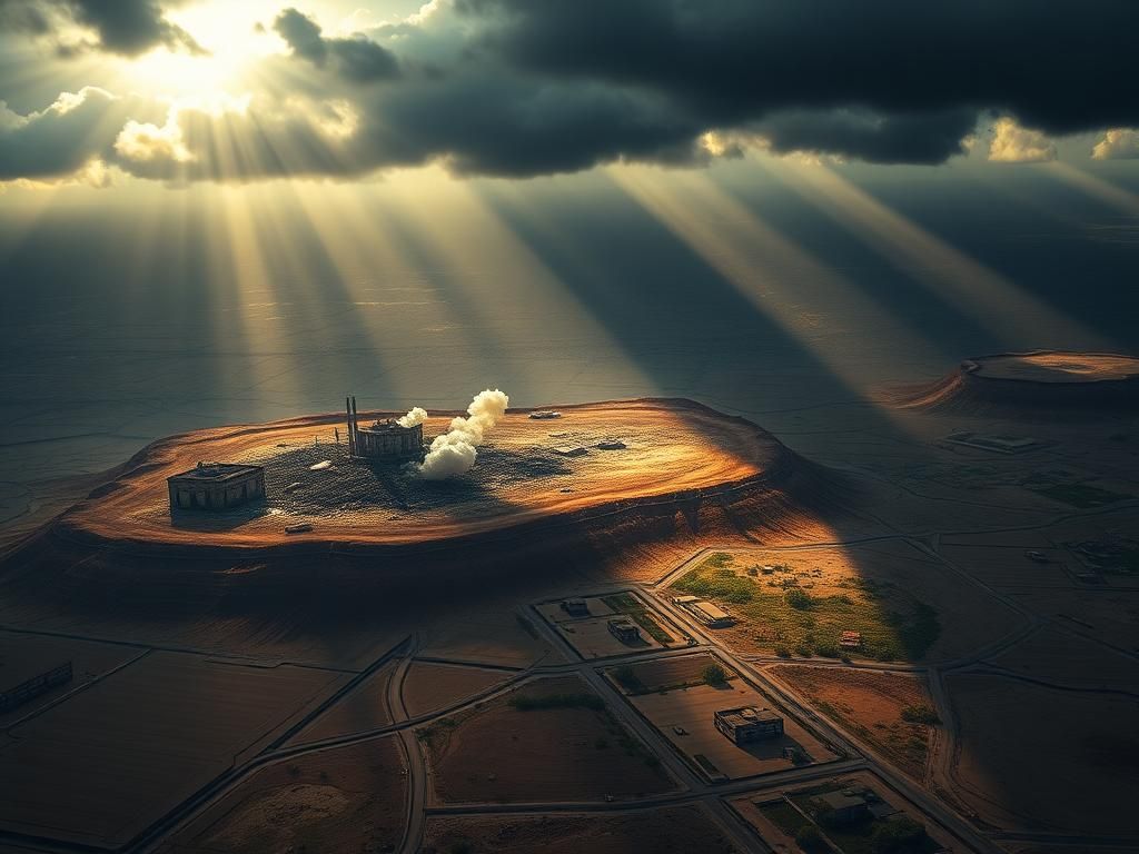 Flick International Aerial view showcasing the stark contrast between an Iranian military site and a secure Israeli area amidst dramatic clouds