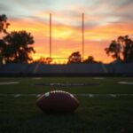 Flick International A sunset view of a football field with a lone football in the foreground