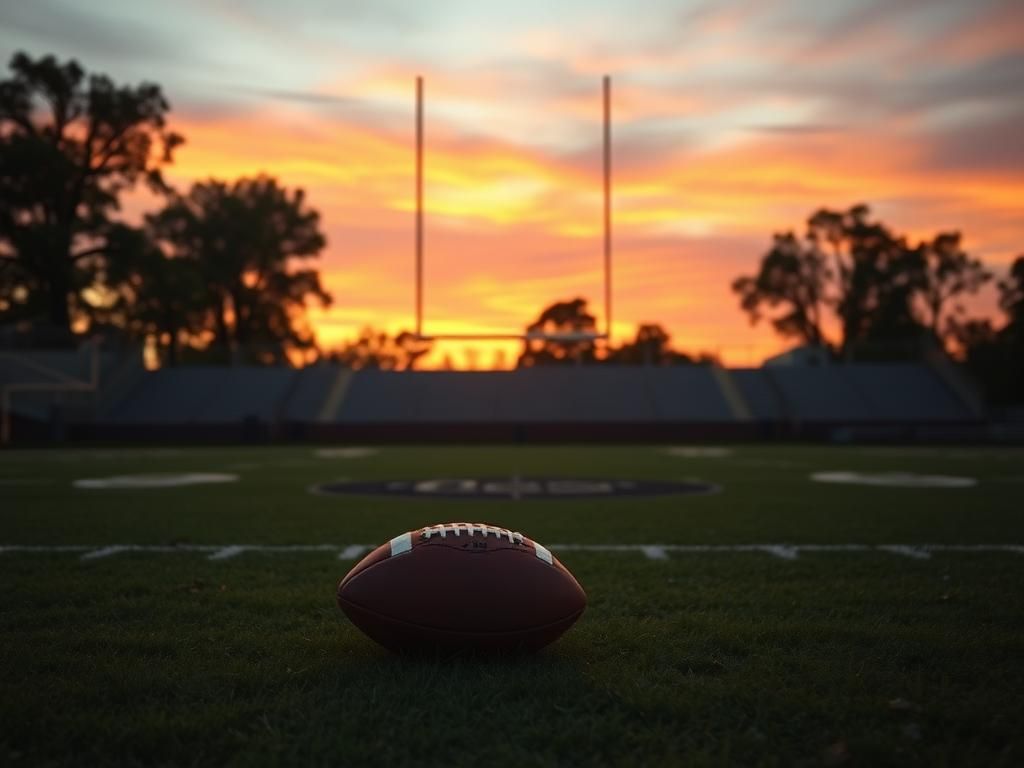 Flick International A sunset view of a football field with a lone football in the foreground