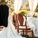 Flick International Elegant outdoor wedding scene featuring a tuxedo jacket and wedding dress in Montecito, California