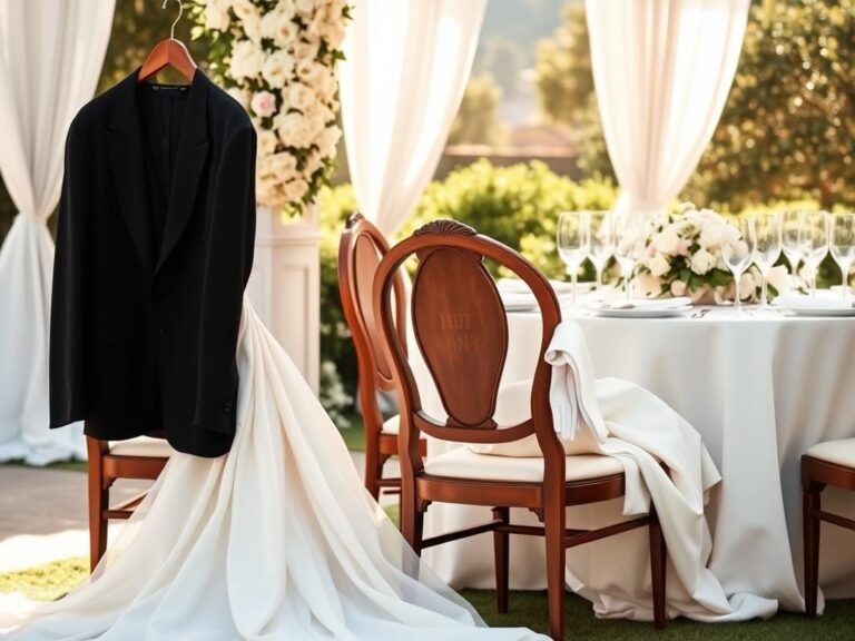 Flick International Elegant outdoor wedding scene featuring a tuxedo jacket and wedding dress in Montecito, California