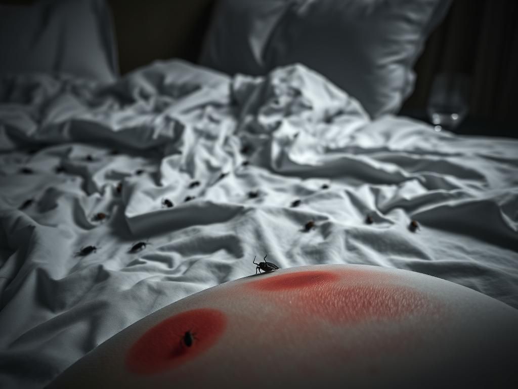 Flick International Close-up of a hotel bed with black bedbugs and a swollen bug bite on a pillow