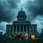 Flick International A somber image of the Minnesota state Capitol building under dark storm clouds with memorial flowers in the foreground