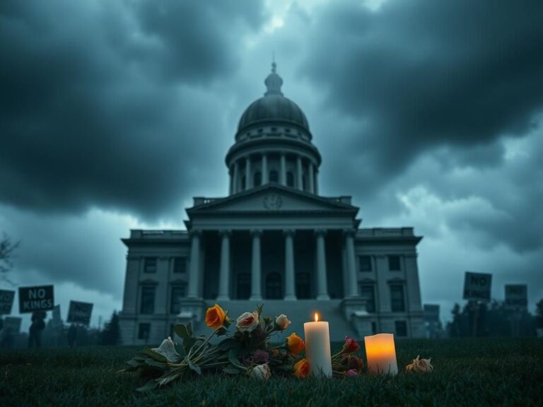 Flick International A somber image of the Minnesota state Capitol building under dark storm clouds with memorial flowers in the foreground