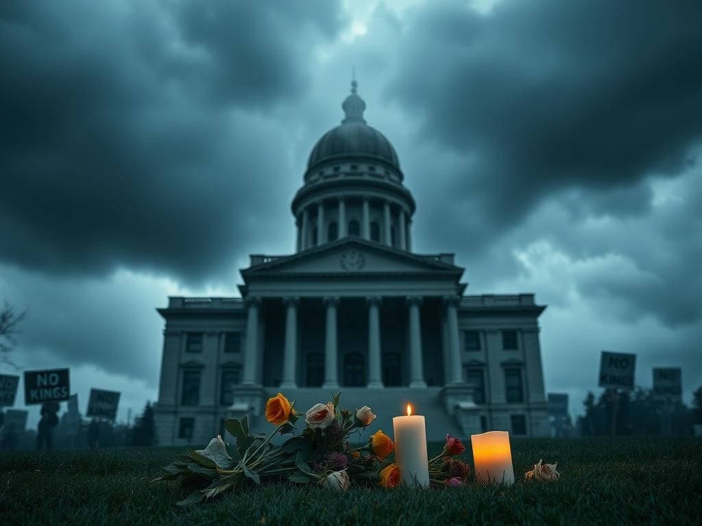 Flick International A somber image of the Minnesota state Capitol building under dark storm clouds with memorial flowers in the foreground