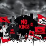 Flick International A collage of protest merchandise featuring t-shirts, flags, and banners with the slogan 'No Kings'