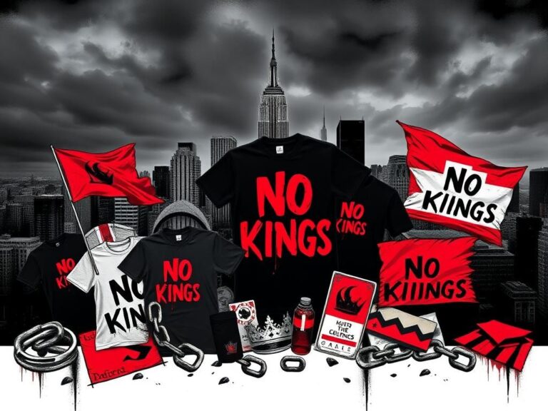 Flick International A collage of protest merchandise featuring t-shirts, flags, and banners with the slogan 'No Kings'