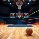 Flick International Dynamic basketball court scene with polished hardwood floor and empty hoop