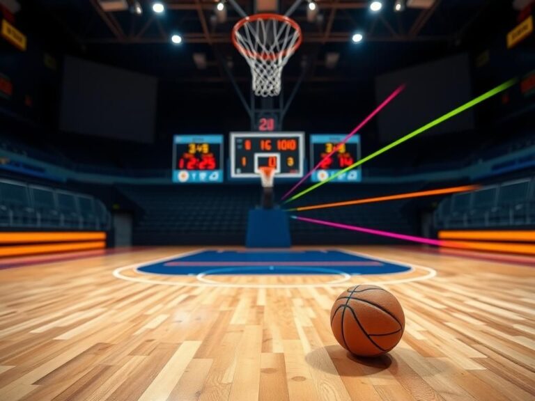 Flick International Dynamic basketball court scene with polished hardwood floor and empty hoop