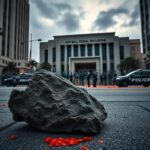 Flick International A dramatic scene outside the Roybal Federal Building in downtown Los Angeles, featuring a large rock on the pavement symbolizing protest-related violence.