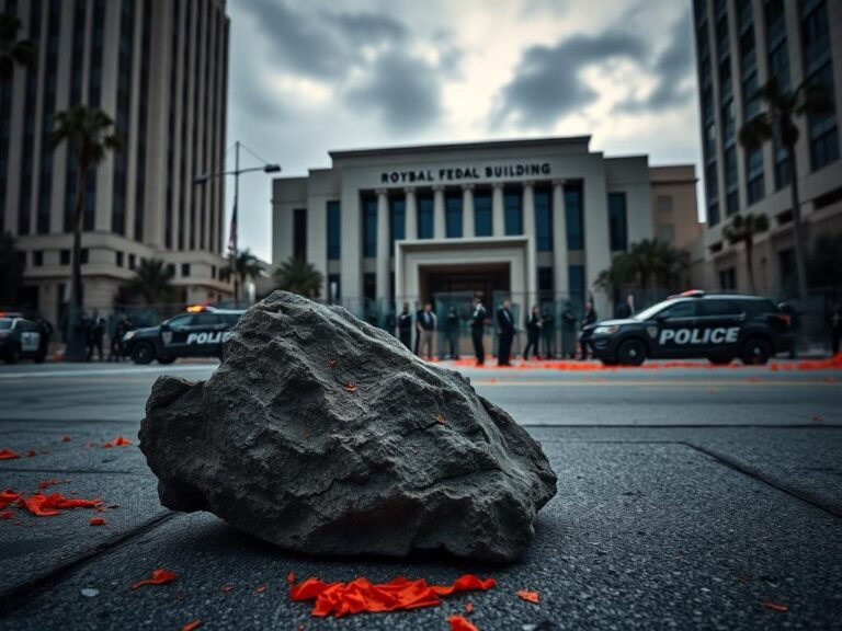 Flick International A dramatic scene outside the Roybal Federal Building in downtown Los Angeles, featuring a large rock on the pavement symbolizing protest-related violence.