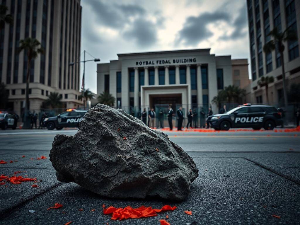 Flick International A dramatic scene outside the Roybal Federal Building in downtown Los Angeles, featuring a large rock on the pavement symbolizing protest-related violence.